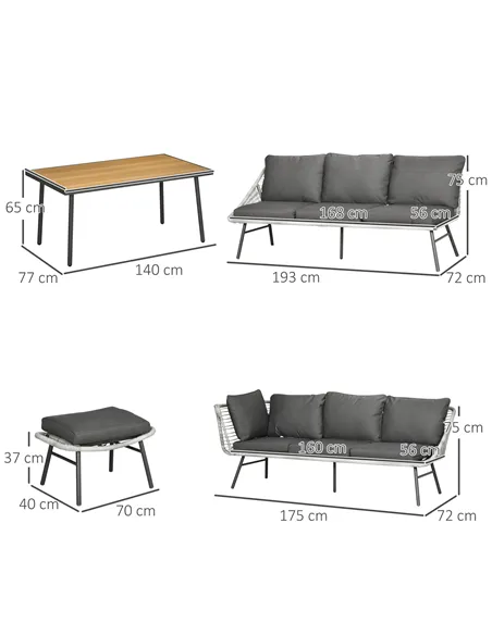 Outsunny 6 Seater Outdoor Rattan Garden Furniture Sets with Sofa, Footstool and Wood-Plastic Coffee Table, 193x72x75cm, Grey
