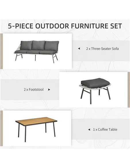 Outsunny 6 Seater Outdoor Rattan Garden Furniture Sets with Sofa, Footstool and Wood-Plastic Coffee Table, 193x72x75cm, Grey
