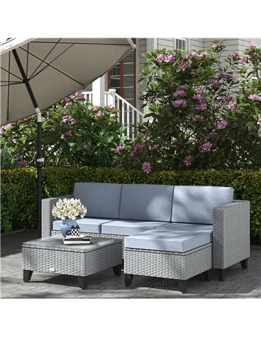 Outsunny 5-Piece Rattan Patio Furniture Set with Corner Sofa, Footstools, Coffee Table, for Poolside, Grey