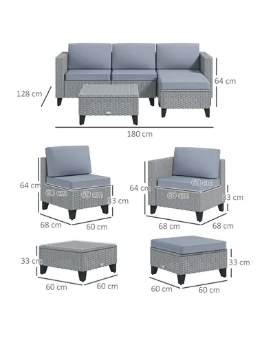Outsunny 5-Piece Rattan Patio Furniture Set with Corner Sofa, Footstools, Coffee Table, for Poolside, Grey