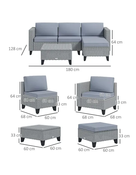 Outsunny 5-Piece Rattan Patio Furniture Set with Corner Sofa, Footstools, Coffee Table, for Poolside, Grey