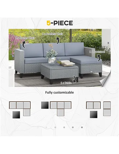 Outsunny 5-Piece Rattan Patio Furniture Set with Corner Sofa, Footstools, Coffee Table, for Poolside, Grey