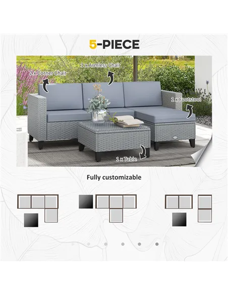 Outsunny 5-Piece Rattan Patio Furniture Set with Corner Sofa, Footstools, Coffee Table, for Poolside, Grey
