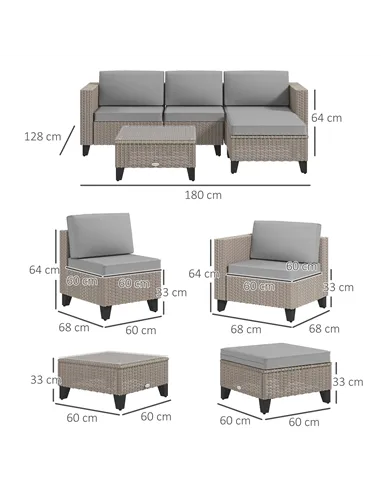 Outsunny 5-Piece Rattan Patio Furniture Set with Corner Sofa, Footstools, Coffee Table, for Poolside, Brown