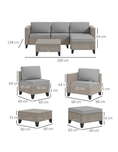 Outsunny 5-Piece Rattan Patio Furniture Set with Corner Sofa, Footstools, Coffee Table, for Poolside, Brown