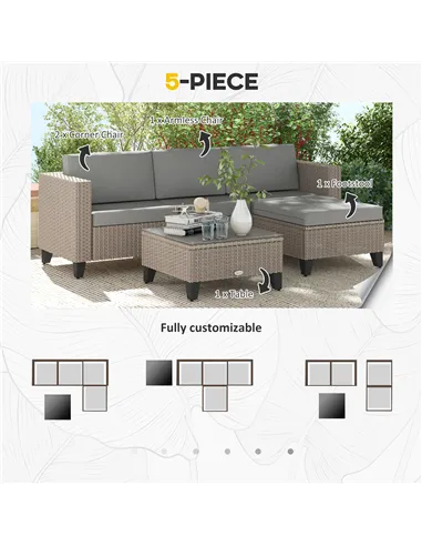 Outsunny 5-Piece Rattan Patio Furniture Set with Corner Sofa, Footstools, Coffee Table, for Poolside, Brown