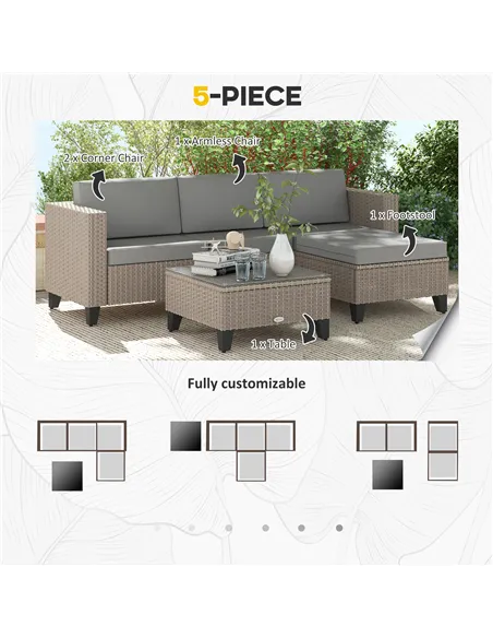 Outsunny 5-Piece Rattan Patio Furniture Set with Corner Sofa, Footstools, Coffee Table, for Poolside, Brown