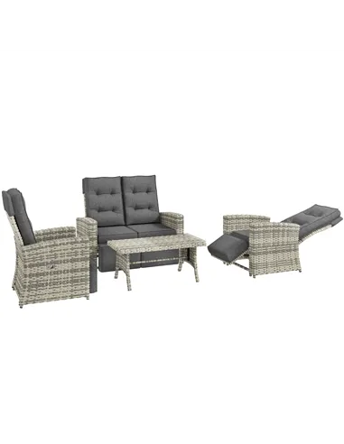 Outsunny 4 Piece Rattan Garden Furniture Set Outdoor Sofa Sectional Set with Glass Top Table for Poolside, Light Grey