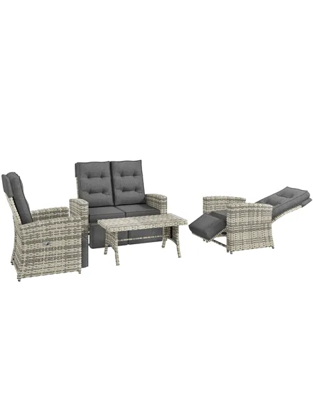 Outsunny 4 Piece Rattan Garden Furniture Set Outdoor Sofa Sectional Set with Glass Top Table for Poolside, Light Grey
