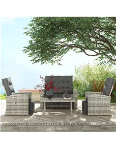 Outsunny 4 Piece Rattan Garden Furniture Set Outdoor Sofa Sectional Set with Glass Top Table for Poolside, Light Grey 2