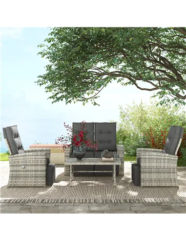 Outsunny 4 Piece Rattan Garden Furniture Set Outdoor Sofa Sectional Set with Glass Top Table for Poolside, Light Grey