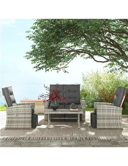 Outsunny 4 Piece Rattan Garden Furniture Set Outdoor Sofa Sectional Set with Glass Top Table for Poolside, Light Grey