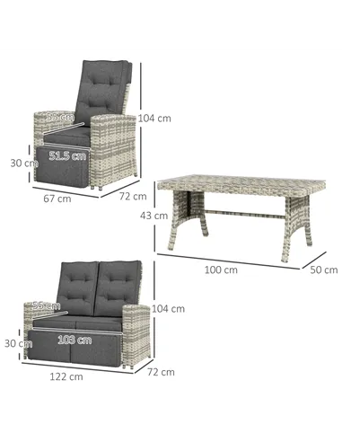 Outsunny 4 Piece Rattan Garden Furniture Set Outdoor Sofa Sectional Set with Glass Top Table for Poolside, Light Grey