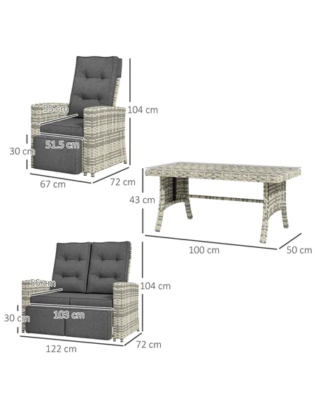 Outsunny 4 Piece Rattan Garden Furniture Set Outdoor Sofa Sectional Set with Glass Top Table for Poolside, Light Grey