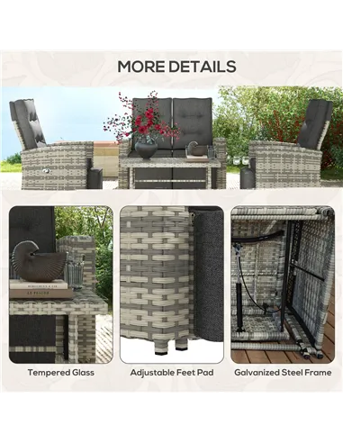 Outsunny 4 Piece Rattan Garden Furniture Set Outdoor Sofa Sectional Set with Glass Top Table for Poolside, Light Grey