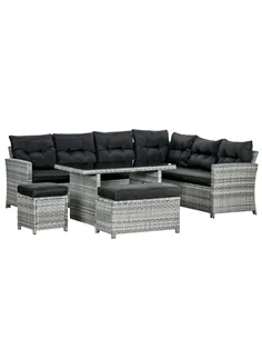 Outsunny 5-Piece Rattan Patio Furniture Set with Corner Sofa, Footstools, Glass Coffee Table, Cushions, Mixed Grey