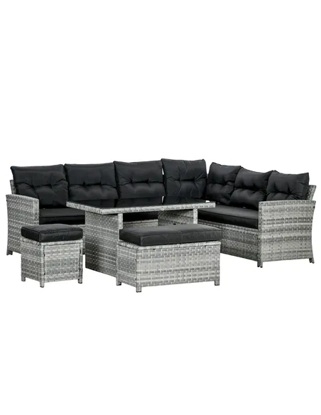 Outsunny 5-Piece Rattan Patio Furniture Set with Corner Sofa, Footstools, Glass Coffee Table, Cushions, Mixed Grey