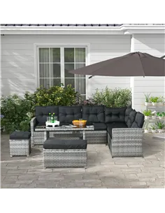 Outsunny 5-Piece Rattan Patio Furniture Set with Corner Sofa, Footstools, Glass Coffee Table, Cushions, Mixed Grey 2