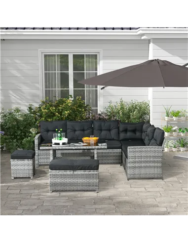 Outsunny 5-Piece Rattan Patio Furniture Set with Corner Sofa, Footstools, Glass Coffee Table, Cushions, Mixed Grey