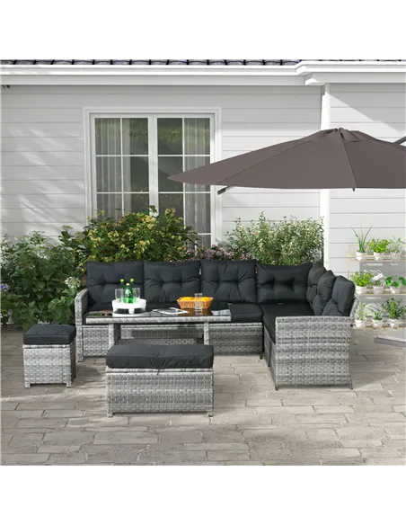 Outsunny 5-Piece Rattan Patio Furniture Set with Corner Sofa, Footstools, Glass Coffee Table, Cushions, Mixed Grey