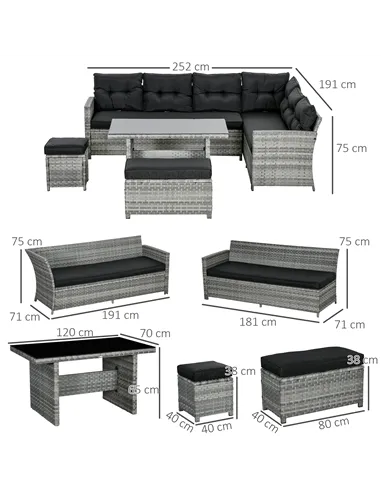 Outsunny 5-Piece Rattan Patio Furniture Set with Corner Sofa, Footstools, Glass Coffee Table, Cushions, Mixed Grey