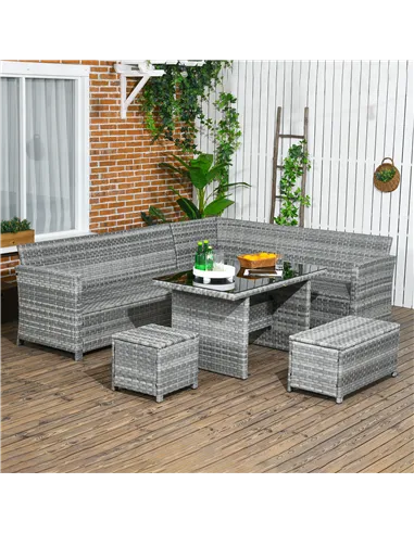 Outsunny 5-Piece Rattan Patio Furniture Set with Corner Sofa, Footstools, Glass Coffee Table, Cushions, Mixed Grey