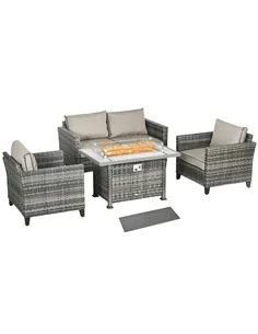 Outsunny 5-Piece Rattan Patio Furniture Set with Gas Fire Pit Table, Loveseat Sofa, Armchairs, Cushions, Pillows, Grey
