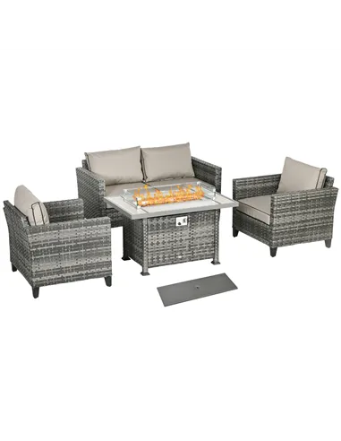 Outsunny 5-Piece Rattan Patio Furniture Set with Gas Fire Pit Table, Loveseat Sofa, Armchairs, Cushions, Pillows, Grey