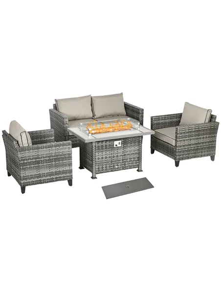 Outsunny 5-Piece Rattan Patio Furniture Set with Gas Fire Pit Table, Loveseat Sofa, Armchairs, Cushions, Pillows, Grey