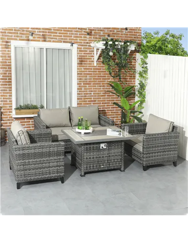 Outsunny 5-Piece Rattan Patio Furniture Set with Gas Fire Pit Table, Loveseat Sofa, Armchairs, Cushions, Pillows, Grey