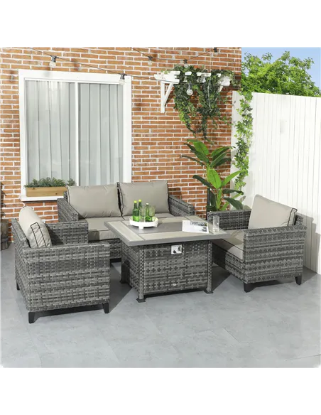 Outsunny 5-Piece Rattan Patio Furniture Set with Gas Fire Pit Table, Loveseat Sofa, Armchairs, Cushions, Pillows, Grey