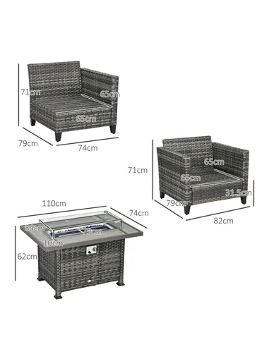 Outsunny 5-Piece Rattan Patio Furniture Set with Gas Fire Pit Table, Loveseat Sofa, Armchairs, Cushions, Pillows, Grey