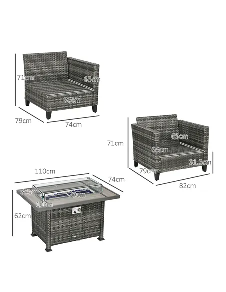 Outsunny 5-Piece Rattan Patio Furniture Set with Gas Fire Pit Table, Loveseat Sofa, Armchairs, Cushions, Pillows, Grey