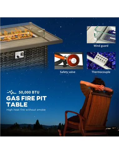 Outsunny 5-Piece Rattan Patio Furniture Set with Gas Fire Pit Table, Loveseat Sofa, Armchairs, Cushions, Pillows, Grey