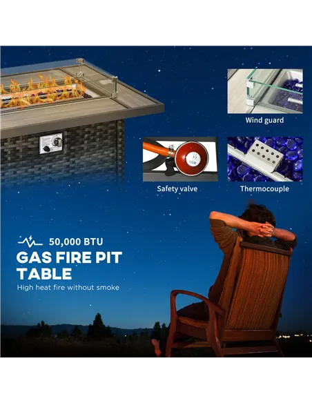 Outsunny 5-Piece Rattan Patio Furniture Set with Gas Fire Pit Table, Loveseat Sofa, Armchairs, Cushions, Pillows, Grey