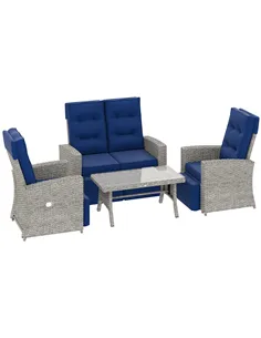 Outsunny 4 Piece Rattan Garden Furniture Set Outdoor Sofa Sectional Set with Glass Top Table for Poolside, Navy Blue