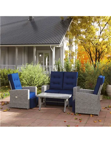 Outsunny 4 Piece Rattan Garden Furniture Set Outdoor Sofa Sectional Set with Glass Top Table for Poolside, Navy Blue