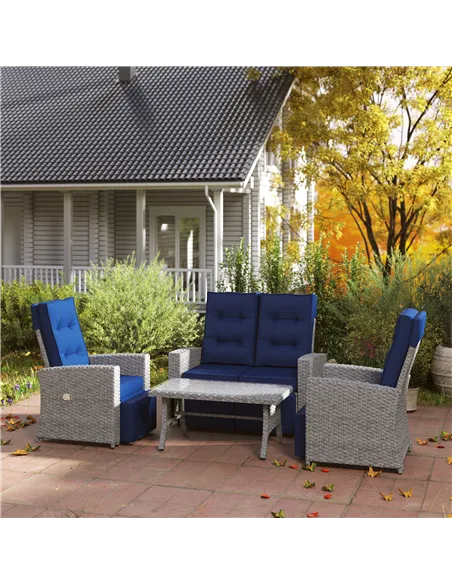 Outsunny 4 Piece Rattan Garden Furniture Set Outdoor Sofa Sectional Set with Glass Top Table for Poolside, Navy Blue