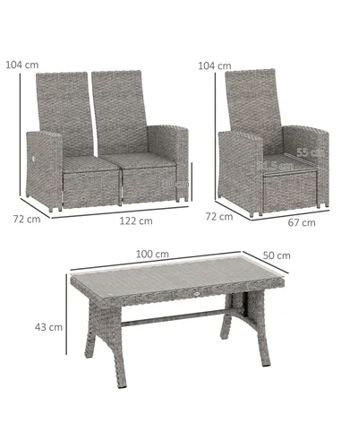 Outsunny 4 Piece Rattan Garden Furniture Set Outdoor Sofa Sectional Set with Glass Top Table for Poolside, Navy Blue