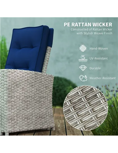 Outsunny 4 Piece Rattan Garden Furniture Set Outdoor Sofa Sectional Set with Glass Top Table for Poolside, Navy Blue