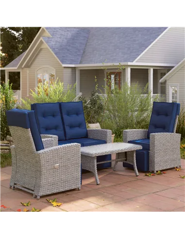 Outsunny 4 Piece Rattan Garden Furniture Set Outdoor Sofa Sectional Set with Glass Top Table for Poolside, Navy Blue