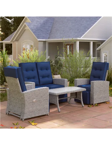 Outsunny 4 Piece Rattan Garden Furniture Set Outdoor Sofa Sectional Set with Glass Top Table for Poolside, Navy Blue