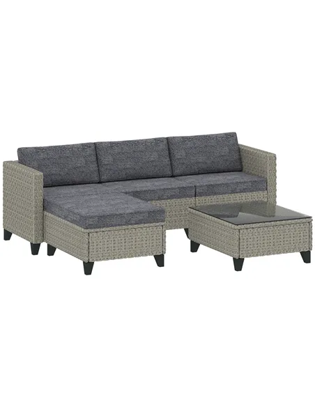 Outsunny 5-Piece Rattan Patio Furniture Set with Corner Sofa, Footstools, Coffee Table, for Poolside, Dark Grey