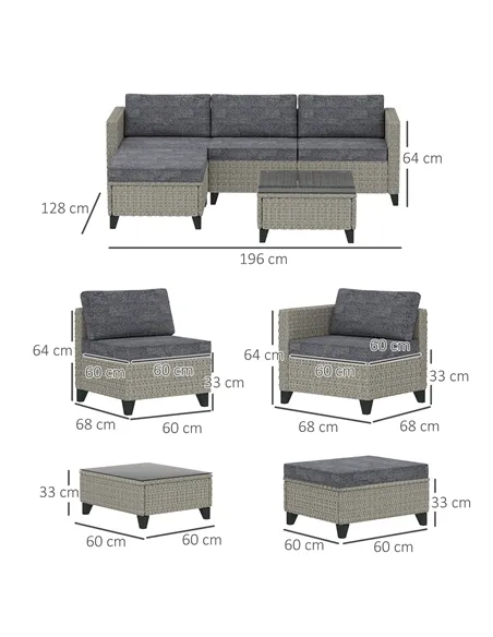 Outsunny 5-Piece Rattan Patio Furniture Set with Corner Sofa, Footstools, Coffee Table, for Poolside, Dark Grey