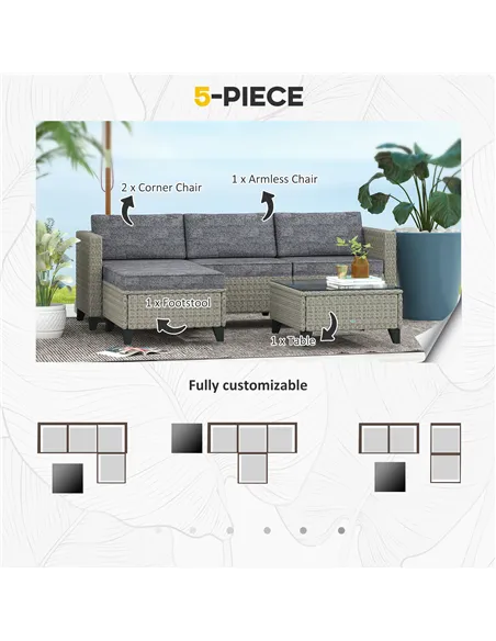 Outsunny 5-Piece Rattan Patio Furniture Set with Corner Sofa, Footstools, Coffee Table, for Poolside, Dark Grey