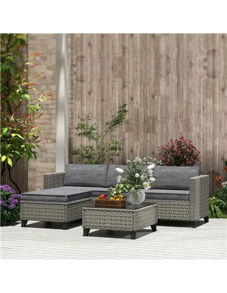 Outsunny 5-Piece Rattan Patio Furniture Set with Corner Sofa, Footstools, Coffee Table, for Poolside, Dark Grey
