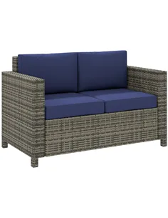 Outsunny Rattan Sofa, 2 Seater Garden Furniture with Soft Padded Cushion and Armrests, Wicker Garden Loveseat for Patio, Navy Bl