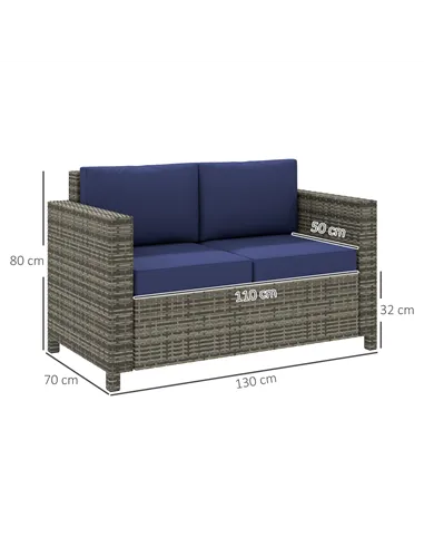Outsunny Rattan Sofa, 2 Seater Garden Furniture with Soft Padded Cushion and Armrests, Wicker Garden Loveseat for Patio, Navy Bl