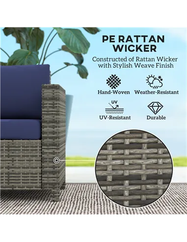 Outsunny Rattan Sofa, 2 Seater Garden Furniture with Soft Padded Cushion and Armrests, Wicker Garden Loveseat for Patio, Navy Bl