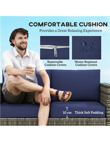 Outsunny Rattan Sofa, 2 Seater Garden Furniture with Soft Padded Cushion and Armrests, Wicker Garden Loveseat for Patio, Navy Bl